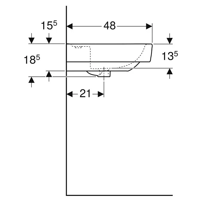 Geberit Renova Plan Waschtisch - 75 x 48 cm, Ohne Spezialglasur, Hahnloch: Mitte, Ohne Überlauf, Weiß - Bemaßte Zeichnung eines wandmontierten Waschbeckens mit wichtigen Maßen zur Installation.