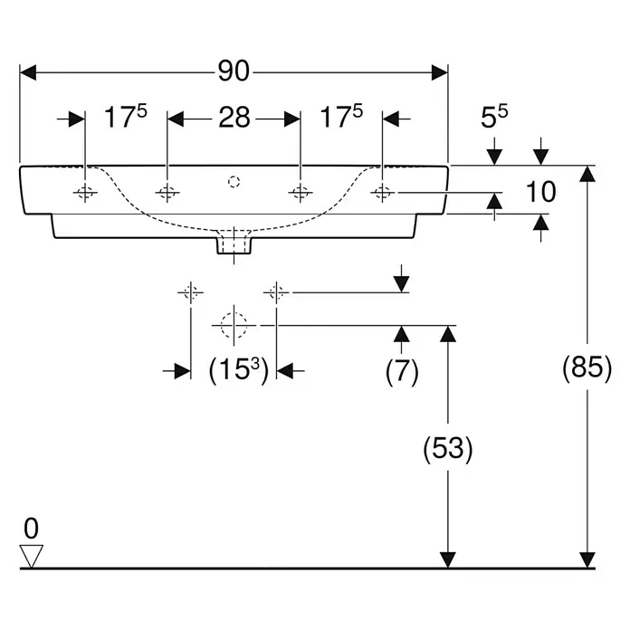 Geberit Renova Plan Waschtisch - 90 x 48 cm, Mit schmutzabweisender Glasur, Hahnloch: Ohne, Mit Überlauf, Weiß - Waschtisch-Maßzeichnung mit Installationsmaßen und Befestigungspunkten.