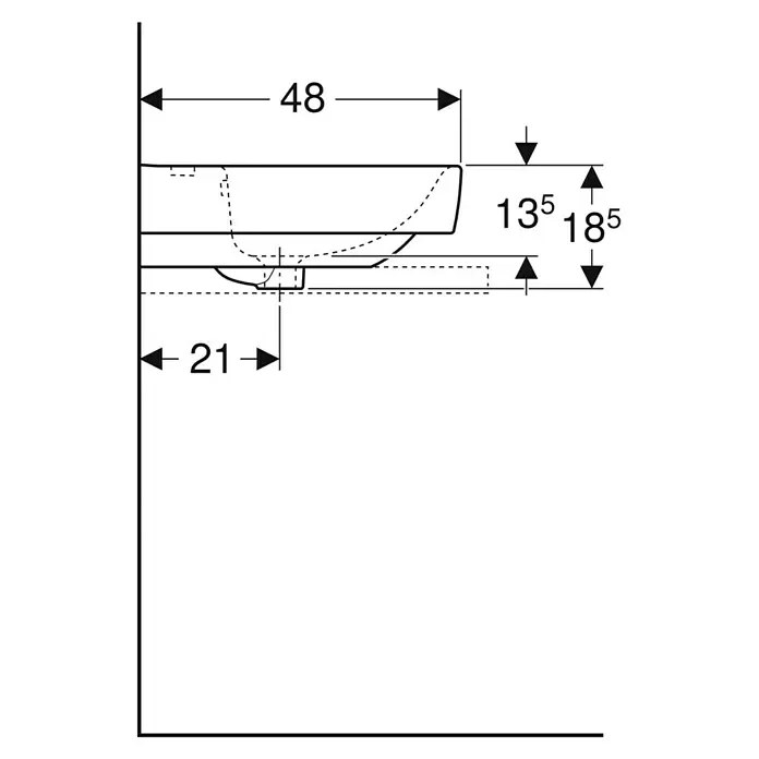 Geberit Renova Plan Aufsatzwaschbecken - 75 x 48 cm, Ohne Spezialglasur, Hahnloch: Mitte, Mit Überlauf, Weiß, Mit Ablagefläche - Technische Zeichnung eines Waschbeckens in Seitenansicht mit Einbaumaßen.