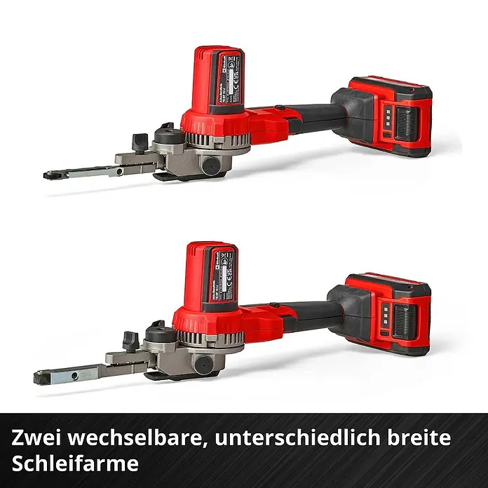 Einhell Power X-Change 18V Akku-Bandfeile TE-BF 18 Li-Solo - 18 V, Ohne Akku, Bandgeschwindigkeit: 250 m/min - 1.700 m/min - Zwei Akku-Bandschleifer mit unterschiedlichen Schleifarmen. Das Gerät ist rot/schwarz.