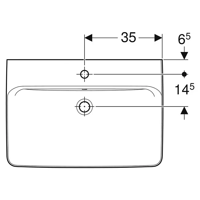 Geberit Renova Plan Aufsatzwaschbecken - 70 x 48 cm, Ohne Spezialglasur, Hahnloch: Mitte, Mit Überlauf, Weiß - Technische Zeichnung eines Waschbeckens, Draufsicht, mit Maßen für Hahn- und Abflusslöcher.