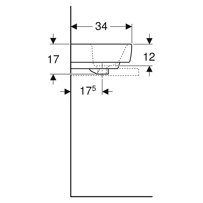 Geberit Renova Plan Aufsatzwaschbecken - 45 x 34 cm, Mit schmutzabweisender Glasur, Hahnloch: Mitte, Mit Überlauf, Weiß - Technische Zeichnung eines wandhängenden Waschbeckens, die sein Profil und wichtige Einbaumaße zeigt.