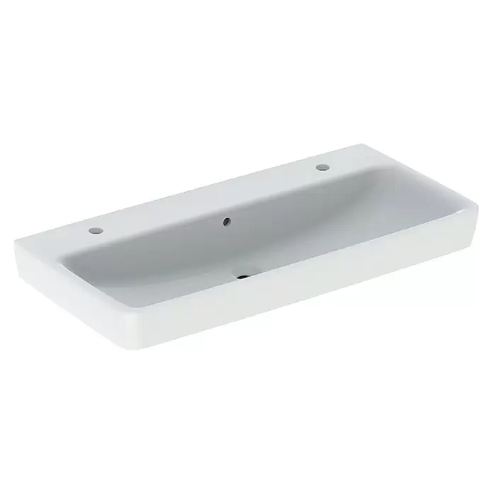 Geberit Renova Plan Doppelwaschtisch - 100 x 48 cm, Ohne Spezialglasur, Hahnloch: Sonstige, Mit Überlauf, Weiß - Weißes rechteckiges Keramik-Waschbecken mit vorgebohrten Armaturenlöchern und Überlauf.