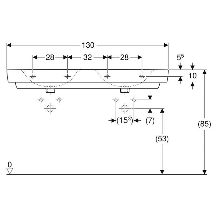 Geberit Renova Plan Doppelwaschtisch (130 x 48 cm, Mit schmutzabweisender Glasur, Mit Hahnloch/Ohne Überlauf, Weiß) | BAUHAUS