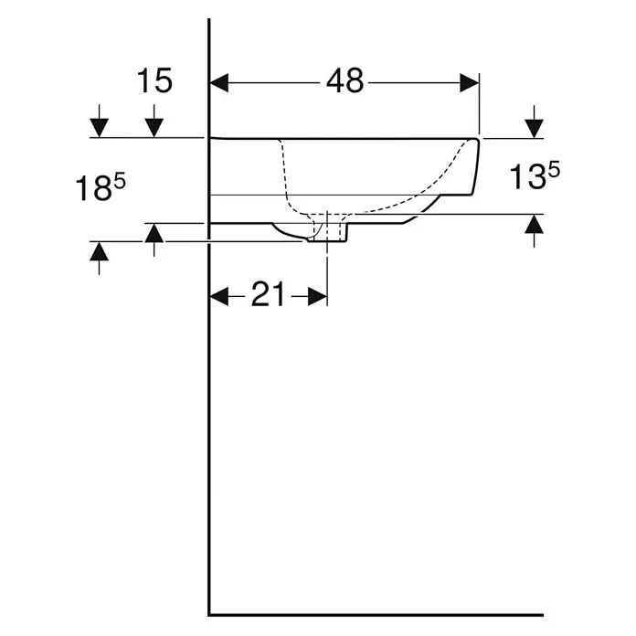 Geberit Renova Plan Waschtisch - 75 x 48 cm, Ohne Spezialglasur, Ohne Hahnloch/Ohne Überlauf, Weiß - Technische Zeichnung einer Keramikwaschbeckens-Seitenansicht mit Maßen: 48cm Tiefe, 18.5cm Höhe, 13.5cm Fronthöhe.