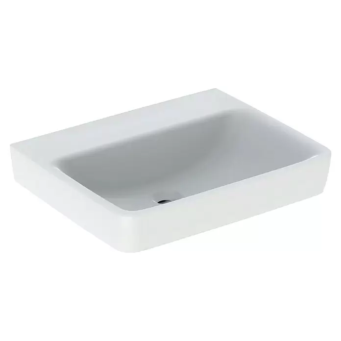 Geberit Renova Plan Aufsatzwaschbecken - 60 x 48 cm, Mit schmutzabweisender Glasur, Hahnloch: Ohne, Ohne Überlauf, Weiß - Weißes, rechteckiges Keramikwaschbecken mit Abflussloch.