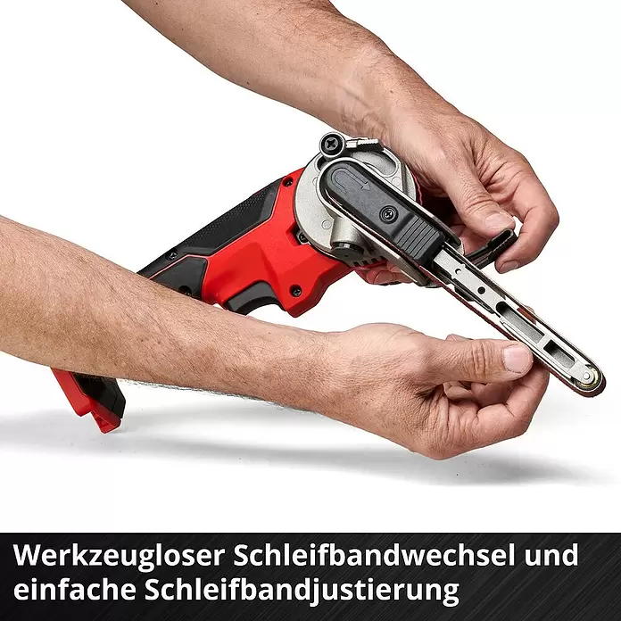Einhell Power X-Change 18V Akku-Bandfeile TE-BF 18 Li-Solo - 18 V, Ohne Akku, Bandgeschwindigkeit: 250 m/min - 1.700 m/min - Roter und schwarzer Bandschleifer mit werkzeuglosem Bandwechsel und einfacher Schleifbandjustierung.