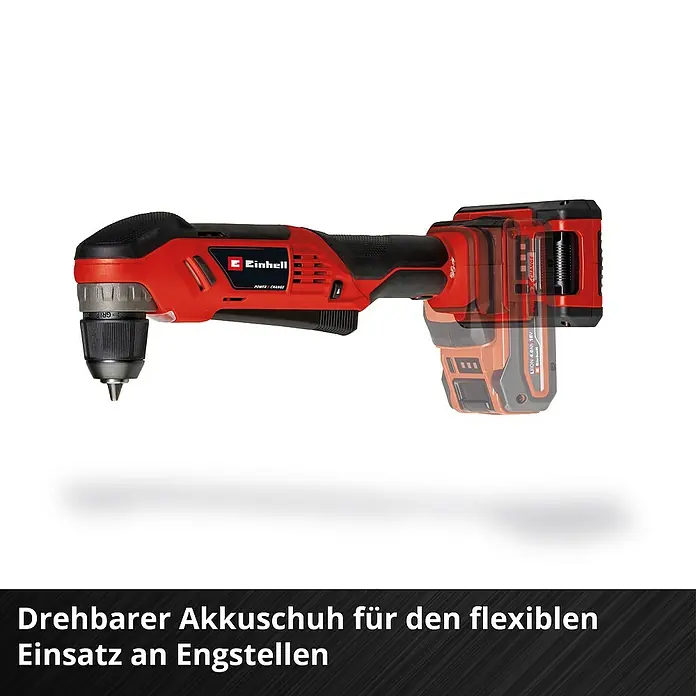 Einhell Power X-Change 18V Akku-Winkelbohrmaschine TE-AD 18 Li-Solo - 18 V, Ohne Akku, 1.100 U/min - Bild einer roten Einhell Akku-Winkelbohrmaschine mit drehbarem Akku für flexible Einsätze an schwer zugänglichen Stellen.