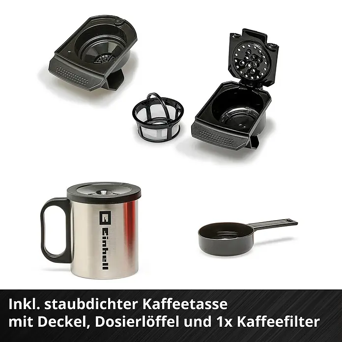 Einhell Power X-Change 18V Akku-Kaffeemaschine TE-CF 18 Li-Solo - 18 V, Ohne Akku - Staubdichte Kaffeetasse mit Deckel, Dosierlöffel und Kaffeefilter für perfekten Kaffeegenuss, ideal für unterwegs und zu Hause.