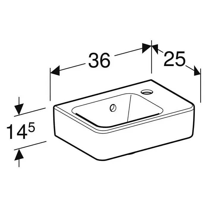 Geberit Renova Plan Waschbecken - 36 x 25 cm, Ohne Spezialglasur, Hahnloch: Rechts, Mit Überlauf, Weiß - Eine Strichzeichnung eines Waschbeckens mit Maßangaben für Breite, Tiefe und Höhe zur Produktinformation.