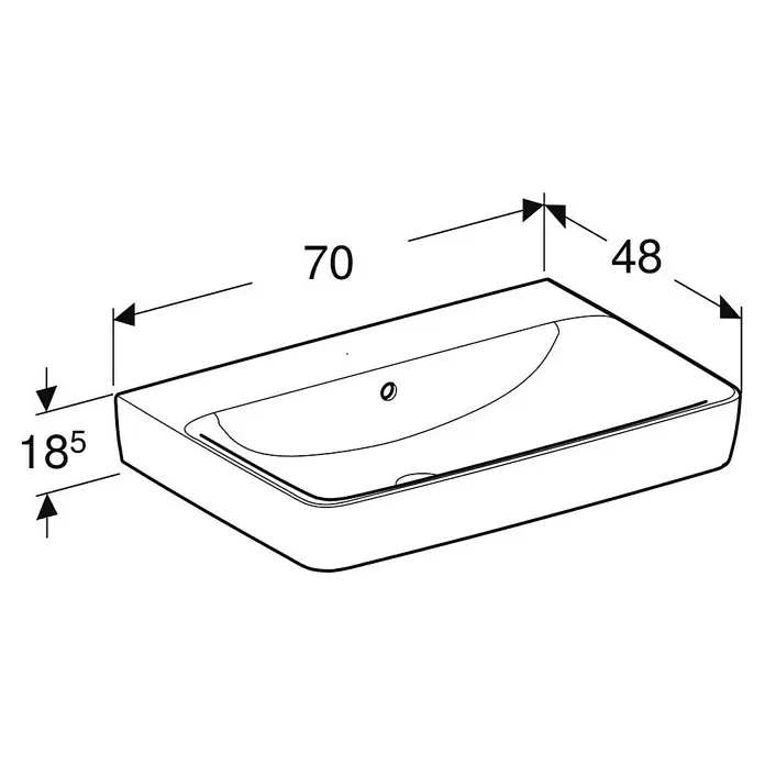 Geberit Renova Plan Waschtisch - 70 x 48 cm, Mit schmutzabweisender Glasur, Hahnloch: Ohne, Mit Überlauf, Weiß - Rechteckiges Keramikwaschbecken mit einem Hahnloch und Überlauf, Maße 70x48x18.5.
