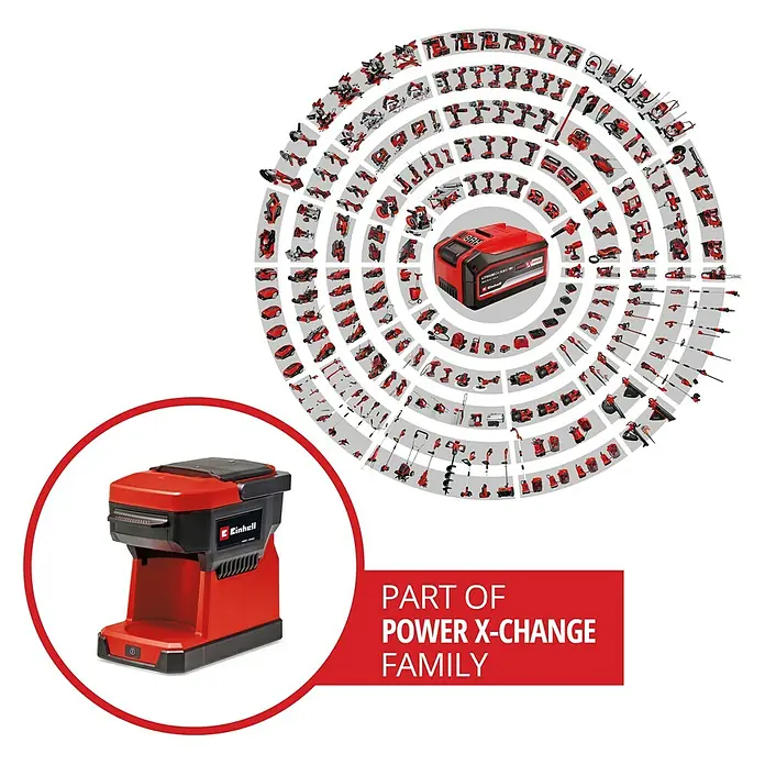 Einhell Power X-Change 18V Akku-Kaffeemaschine TE-CF 18 Li-Solo - 18 V, Ohne Akku - Einhell Power X-Change Akku-Kaffeemaschine im Fokus, Teil der vielseitigen Akku-Familie für kabellose Freiheit.