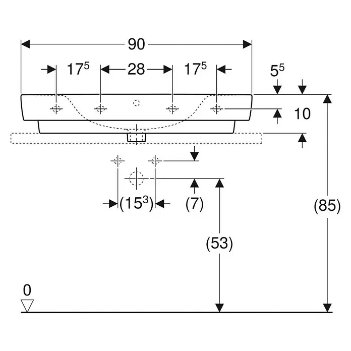 Geberit Renova Plan Aufsatzwaschbecken - 90 x 48 cm, Ohne Spezialglasur, Hahnloch: Mitte, Mit Überlauf, Weiß, Mit Ablagefläche - Technische Zeichnung eines Waschtischs, Vorderansicht, mit Installationsmaßen in Millimetern.