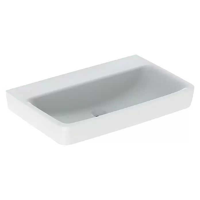Geberit Renova Plan Waschtisch - 75 x 48 cm, Mit schmutzabweisender Glasur, Hahnloch: Ohne, Ohne Überlauf, Weiß - Weißes, rechteckiges Keramikwaschbecken mit einem einzelnen Abfluss.