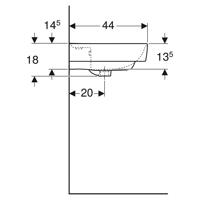 Geberit Renova Plan Waschtisch - 55 x 44 cm, Ohne Spezialglasur, Hahnloch: Mitte, Mit Überlauf, Weiß - Technische Zeichnung einer wandhängenden Toilette mit Installationsmaßen.