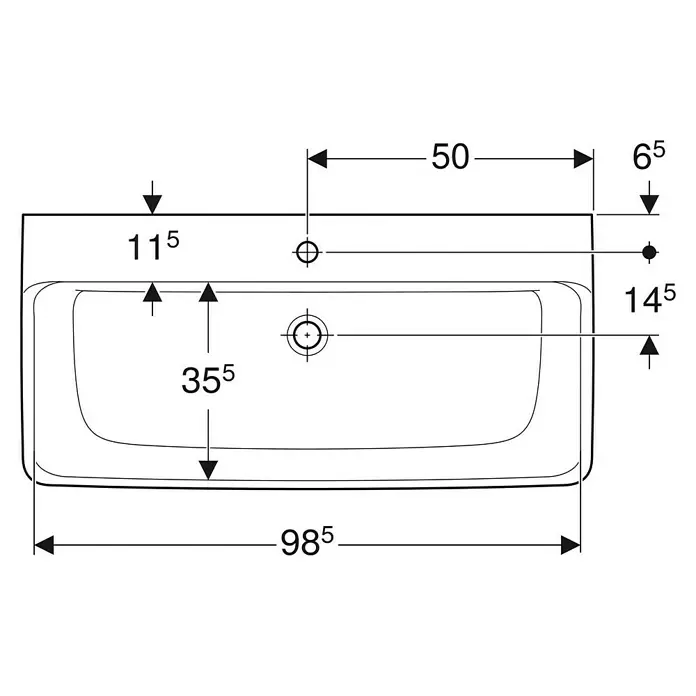 Geberit Renova Plan Waschtisch - 100 x 48 cm, Mit schmutzabweisender Glasur, Hahnloch: Mitte, Ohne Überlauf, Weiß - Technische Zeichnung eines rechteckigen Waschbeckens mit Maßen.