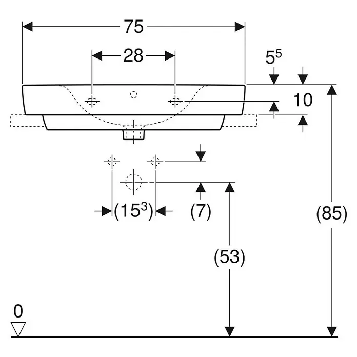 Geberit Renova Plan Aufsatzwaschbecken - 75 x 48 cm, Ohne Spezialglasur, Hahnloch: Mitte, Mit Überlauf, Weiß, Mit Ablagefläche - Technische Zeichnung eines Waschbeckens mit detaillierten Installationsmaßen, einschließlich Breite, Tiefe, Höhe und Abflussplatzierung.