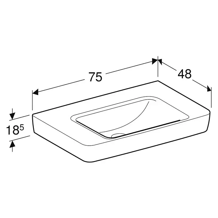 Geberit Renova Plan Waschtisch - 75 x 48 cm, Ohne Spezialglasur, Ohne Hahnloch/Ohne Überlauf, Weiß - Weißes, rechteckiges Keramik-Waschbecken mit Maßen 75x48x18.5.