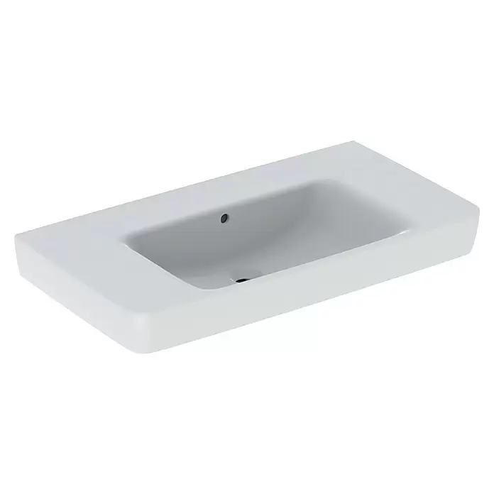 Geberit Renova Plan Waschtisch - 90 x 48 cm, Mit schmutzabweisender Glasur, Hahnloch: Ohne, Mit Überlauf, Weiß - Weißes rechteckiges Keramikwaschbecken mit integrierten Überlauf- und Abflusslöchern.