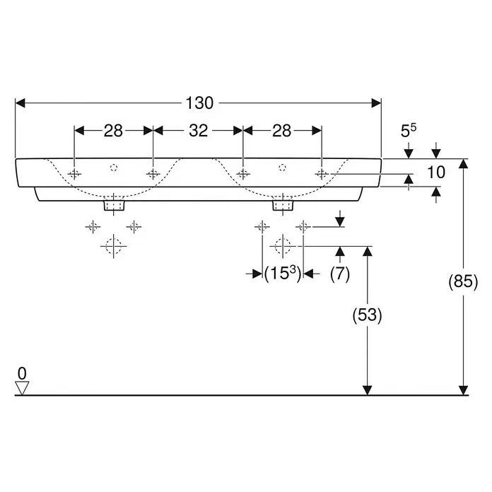 Geberit Renova Plan Doppelwaschtisch - 130 x 48 cm, Ohne Spezialglasur, Ohne Hahnloch/Mit Überlauf, Weiß - Technische Zeichnung einer Befestigungsplatte mit Abmessungen zur Installation.