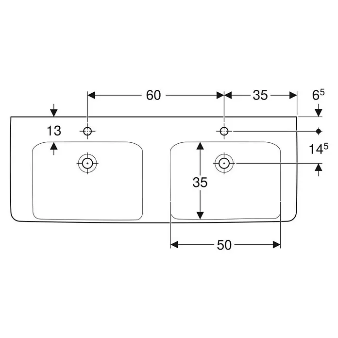 Geberit Renova Plan Doppelwaschtisch - 130 x 48 cm, Mit schmutzabweisender Glasur, Mit Hahnloch/Ohne Überlauf, Weiß - Technische Zeichnung eines Doppelwaschbeckens mit Maßen für Armatur- und Ablaufbohrungen.