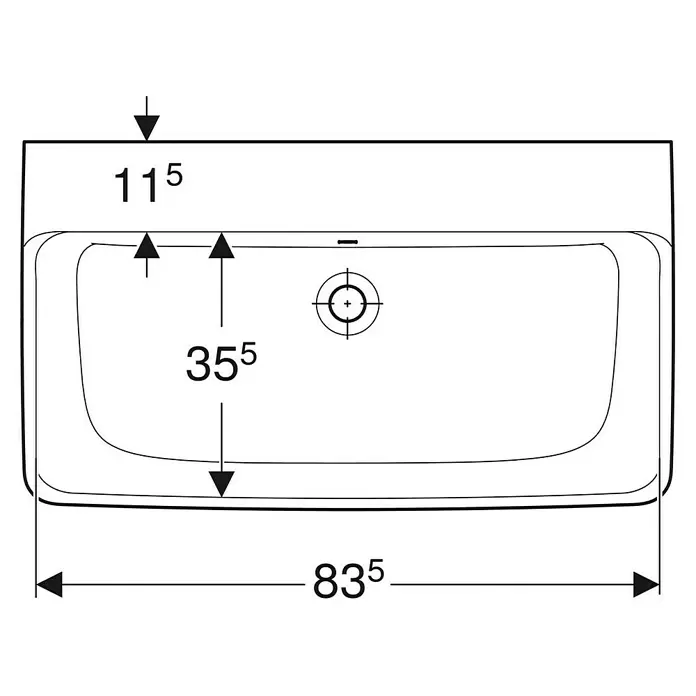 Geberit Renova Plan Waschtisch - 85 x 48 cm, Ohne Spezialglasur, Hahnloch: Ohne, Mit Überlauf, Weiß - Technische Zeichnung: Aufsicht eines Waschbeckens mit Maßen: 115, 355, 835 mm.