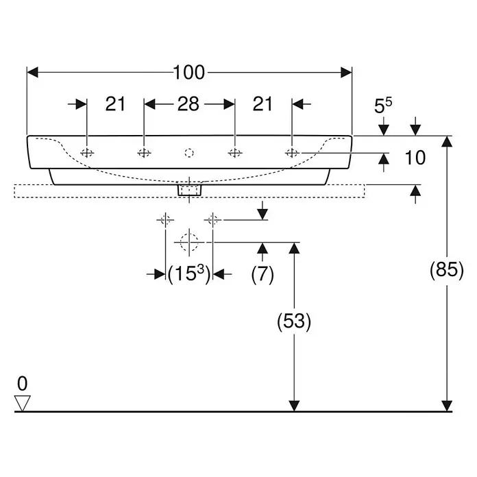 Geberit Renova Plan Aufsatzwaschbecken - 100 x 48 cm, Mit schmutzabweisender Glasur, Hahnloch: Mitte, Mit Überlauf, Weiß - Technische Zeichnung eines rechteckigen Waschbeckens mit Maßen und Montagepunkten für die Installation.