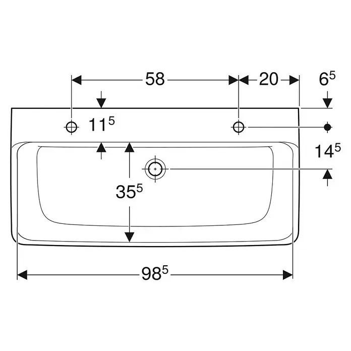 Geberit Renova Plan Doppelwaschtisch - 100 x 48 cm, Ohne Spezialglasur, Hahnloch: Sonstige, Mit Überlauf, Weiß - Technische Zeichnung eines Waschbeckens mit detaillierten Installationsmaßen.