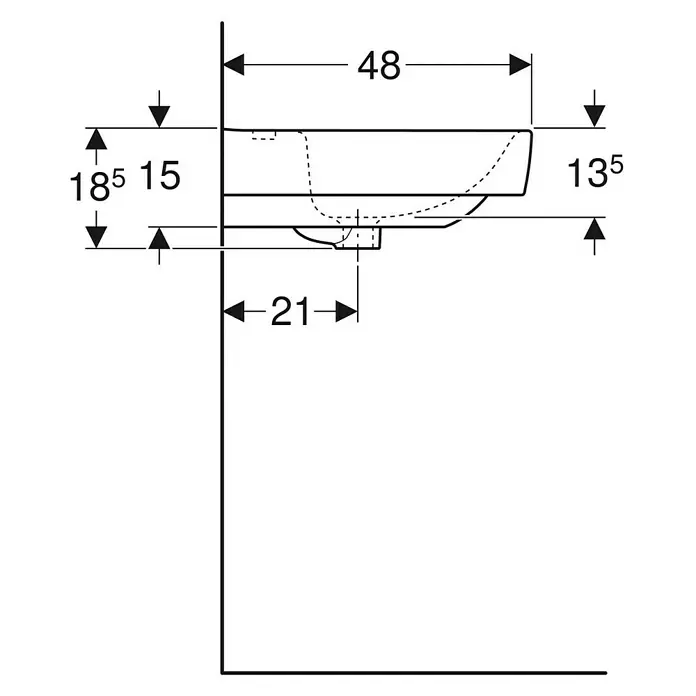 Geberit Renova Plan Doppelwaschtisch - 130 x 48 cm, Mit schmutzabweisender Glasur, Mit Hahnloch/Ohne Überlauf, Weiß - Maßzeichnung eines Waschtischs in Seitenansicht mit Installationsmaßen.