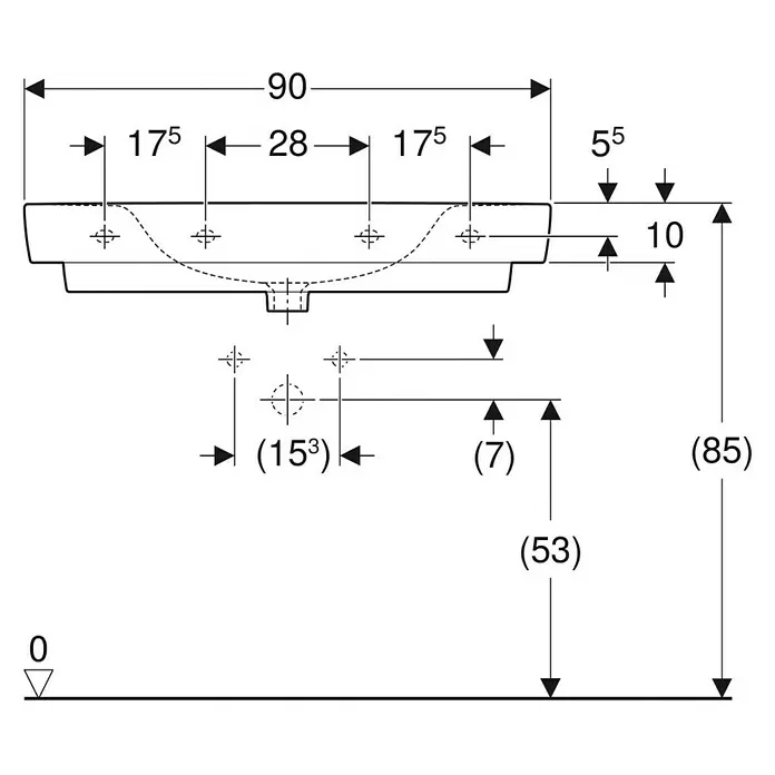 Geberit Renova Plan Waschtisch - 90 x 48 cm, Mit schmutzabweisender Glasur, Hahnloch: Ohne, Ohne Überlauf, Weiß - Technische Zeichnung eines Waschbeckens mit detaillierten Installationsmaßen.
