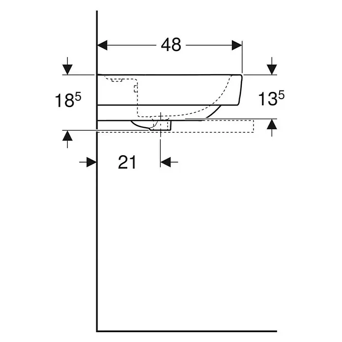 Geberit Renova Plan Aufsatzwaschbecken - 75 x 48 cm, Ohne Spezialglasur, Hahnloch: Mitte, Mit Überlauf, Weiß - Technische Zeichnung eines wandhängenden Waschbeckens mit Maßen: 48 cm Tiefe, 18,5 cm vordere Höhe, 13,5 cm hintere Höhe.