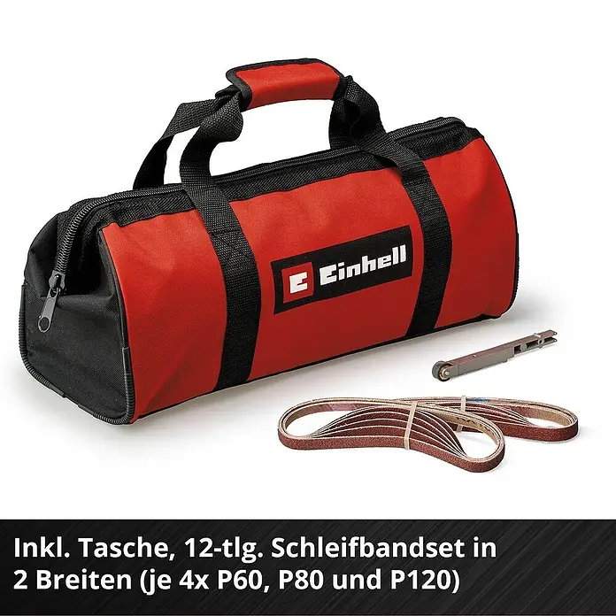 Einhell Power X-Change 18V Akku-Bandfeile TE-BF 18 Li-Solo - 18 V, Ohne Akku, Bandgeschwindigkeit: 250 m/min - 1.700 m/min - Ein roter Einhell Werkzeugkoffer mit Zubehör. Das Set enthält Schleifbänder in zwei Breiten und verschiedenen Körnungen.