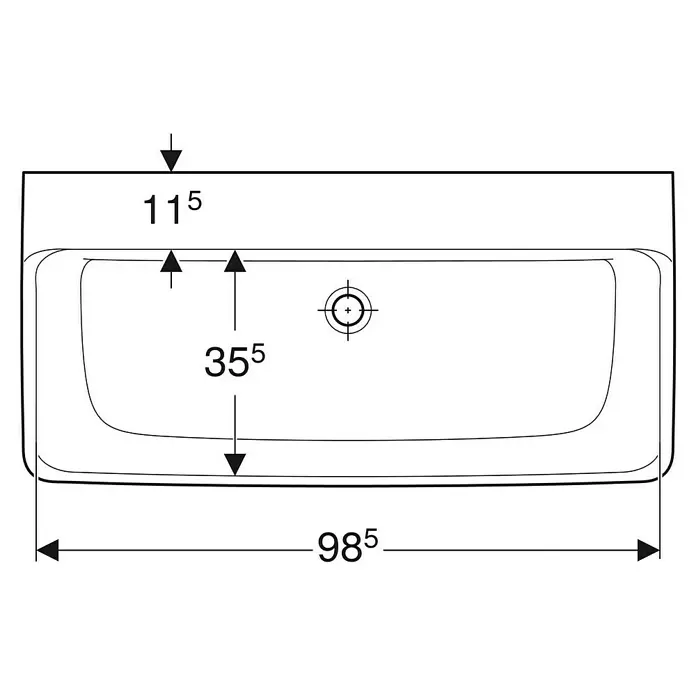 Geberit Renova Plan Waschtisch - 100 x 48 cm, Mit schmutzabweisender Glasur, Hahnloch: Ohne, Ohne Überlauf, Weiß - Technischer Grundriss eines rechteckigen Waschbeckens mit Maßen: 985 Gesamtbreite, 355 Beckentiefe, 115 Rückrand.