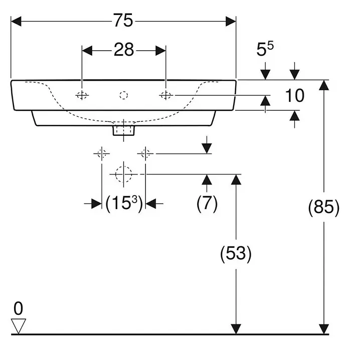 Geberit Renova Plan Waschtisch - 75 x 48 cm, Ohne Spezialglasur, Hahnloch: Ohne, Mit Überlauf, Weiß - Technische Zeichnung eines Waschbeckens mit detaillierten Maßen in Millimetern, zeigt Draufsicht und Seitenansicht.