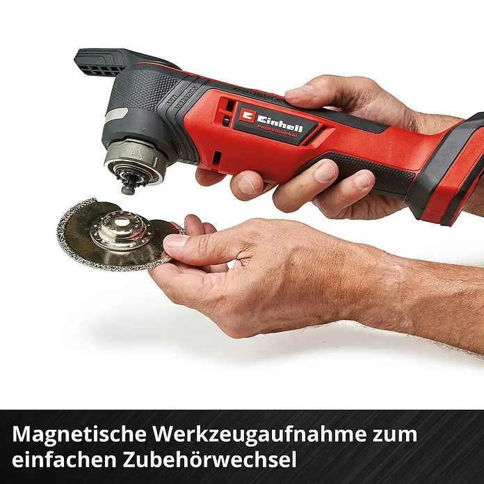 Einhell Professional Power X-Change 18V Akku-Multifunktionswerkzeug TP-MG 18 Li BL-Solo - 18 V, Ohne Akku, Oszillationswinkel: 3,2 ° - Bild eines Einhell Multifunktionswerkzeug mit magnetischer Werkzeugaufnahme für einfachen Zubehörwechsel.\n