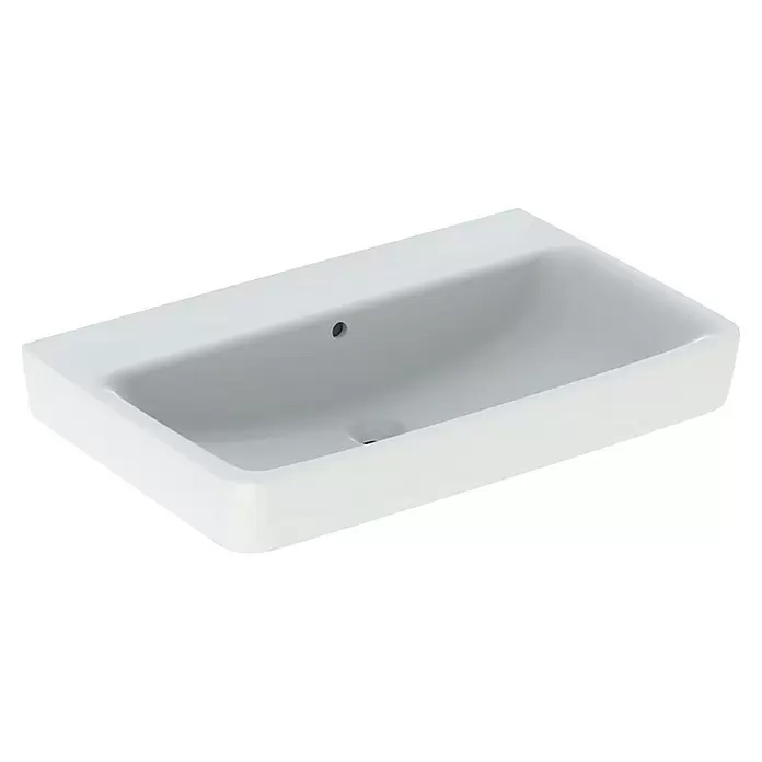 Geberit Renova Plan Waschtisch - 75 x 48 cm, Ohne Spezialglasur, Hahnloch: Ohne, Mit Überlauf, Weiß - Weißes rechteckiges Keramik-Waschbecken mit integriertem Hahnloch und Überlauf.