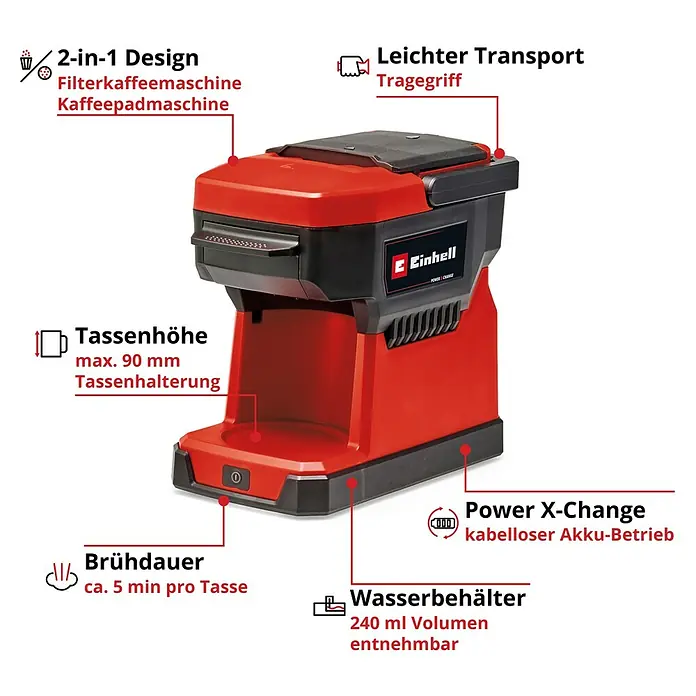 Einhell Power X-Change 18V Akku-Kaffeemaschine TE-CF 18 Li-Solo - 18 V, Ohne Akku - Abbildung einer roten 2-in-1 Einhell Kaffeemaschine mit Beschriftungen zu Design, Transport, Tankvolumen und Akku-Betrieb.
