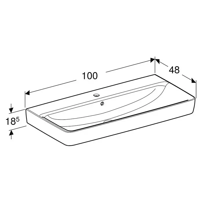 Geberit Renova Plan Waschtisch - 100 x 48 cm, Ohne Spezialglasur, Hahnloch: Mitte, Mit Überlauf, Weiß - Weißes, rechteckiges Keramik-Waschbecken mit Hahnloch und Überlauf, Maße 100x48x18,5 cm.
