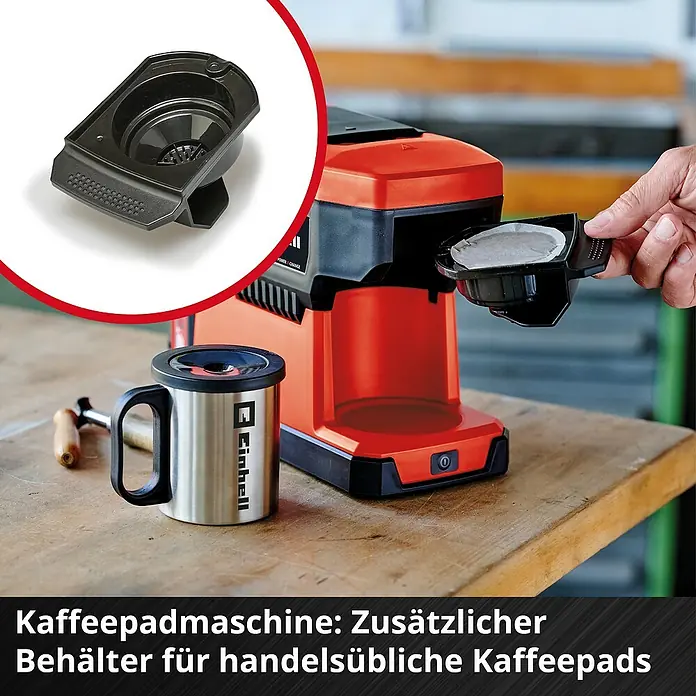 Einhell Power X-Change 18V Akku-Kaffeemaschine TE-CF 18 Li-Solo - 18 V, Ohne Akku - Kaffeepadmaschine: Zusätzlicher Behälter für handelsübliche Kaffeepads.