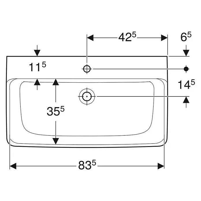 Geberit Renova Plan Waschtisch - 85 x 48 cm, Ohne Spezialglasur, Hahnloch: Mitte, Ohne Überlauf, Weiß - Technische Draufsicht auf ein rechteckiges Waschbecken mit Maßen für Hahnloch, Abfluss und Beckengröße.