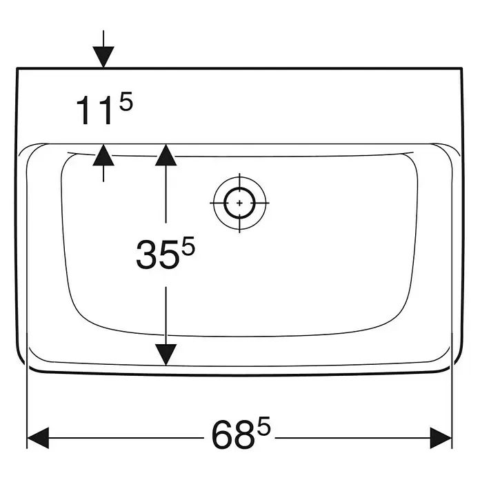 Geberit Renova Plan Waschtisch - 70 x 48 cm, Mit schmutzabweisender Glasur, Hahnloch: Ohne, Ohne Überlauf, Weiß - Technische Zeichnung: Draufsicht eines rechteckigen Waschbeckens mit Maßen (Breite 685, Beckentiefe 355).