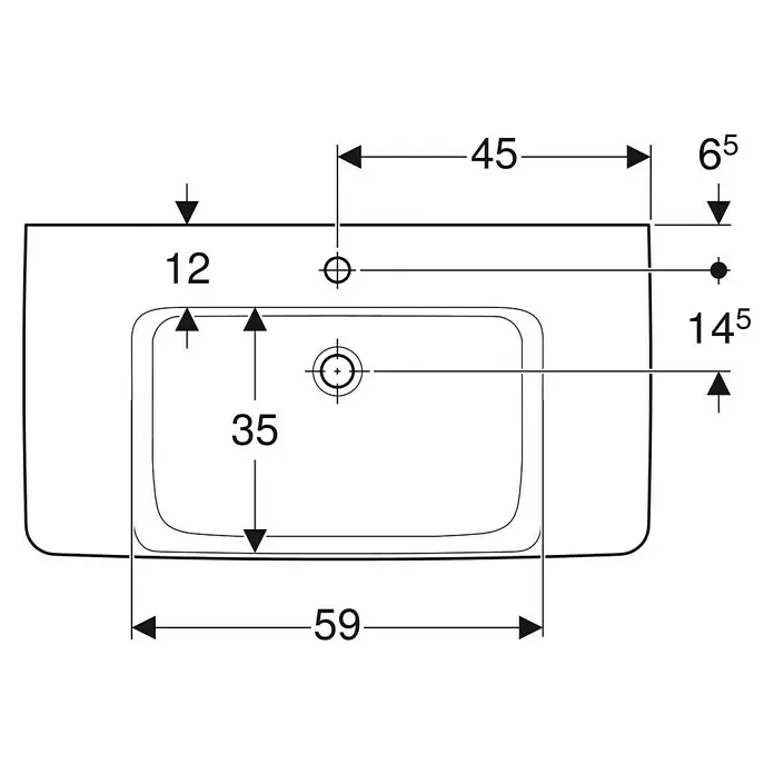 Geberit Renova Plan Waschtisch - 90 x 48 cm, Ohne Spezialglasur, Hahnloch: Mitte, Ohne Überlauf, Weiß - Technische Zeichnung eines rechteckigen Waschtischs mit Maßen für Hahn- und Abflusslöcher.