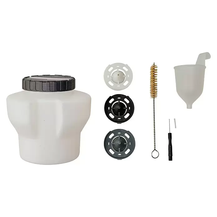 Einhell PXC 18V Sistema de pulverización de pintura de batería TE-SY 18/90 Li-Solo - 18 V, Sin batería - Conjunto de accesorios de pistola pulverizadora de plástico blanco y negro: vaso, filtros, cepillo de limpieza, herramienta de aguja y embudo.