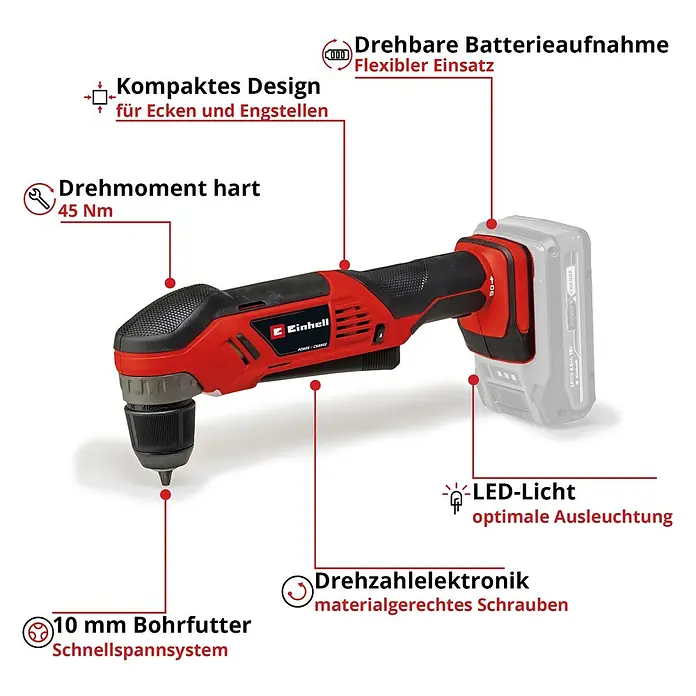 Einhell Power X-Change 18V Akku-Winkelbohrmaschine TE-AD 18 Li-Solo - 18 V, Ohne Akku, 1.100 U/min - Bild einer Einhell Akku-Winkelbohrmaschine mit diversen Produkteigenschaften, die auf dem Bild hervorgehoben sind.