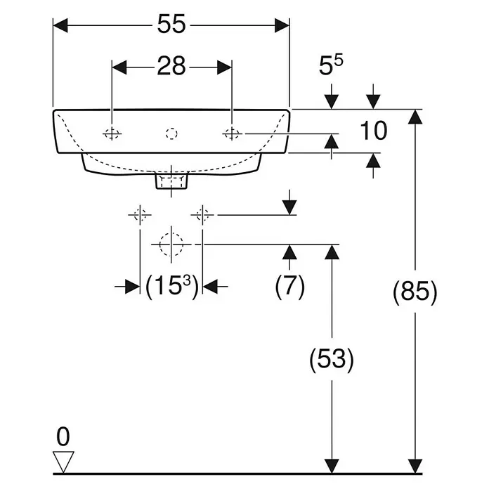 Geberit Renova Plan Waschtisch - 55 x 44 cm, Ohne Spezialglasur, Hahnloch: Mitte, Mit Überlauf, Weiß - Technische Zeichnung eines Waschbeckens mit Einbaumaßen, zeigt Breiten von 55 und 28 Einheiten und diverse vertikale Maße.