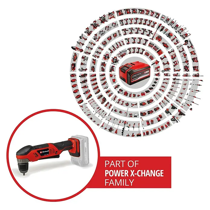 Einhell Power X-Change 18V Akku-Winkelbohrmaschine TE-AD 18 Li-Solo - 18 V, Ohne Akku, 1.100 U/min - Akku-Bohrschrauber Einhell im Bild. Teil der Power X-Change Familie mit rotem Gehäuse und Akku. Ideal für schwer zugängliche Stellen.