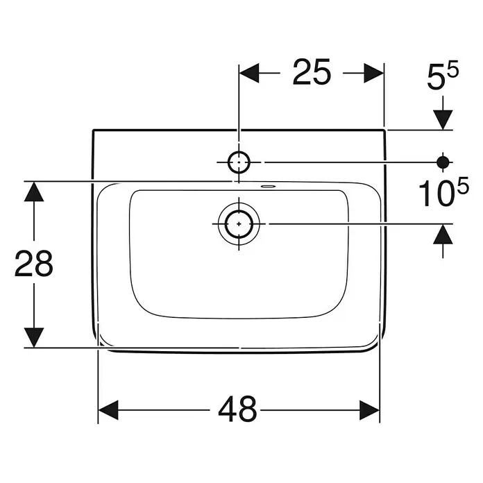 Geberit Renova Plan Aufsatzwaschbecken - 50 x 38 cm, Ohne Spezialglasur, Hahnloch: Mitte, Mit Überlauf, Weiß - Technische Zeichnung eines rechteckigen Waschbeckens mit Maßen: Beckenbreite 48, Tiefe 28, Positionen für Armatur und Ablauf.
