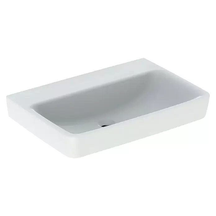 Geberit Renova Plan Waschtisch - 70 x 48 cm, Mit schmutzabweisender Glasur, Hahnloch: Ohne, Ohne Überlauf, Weiß - Weißes, rechteckiges Keramik-Waschbecken mit Abfluss.