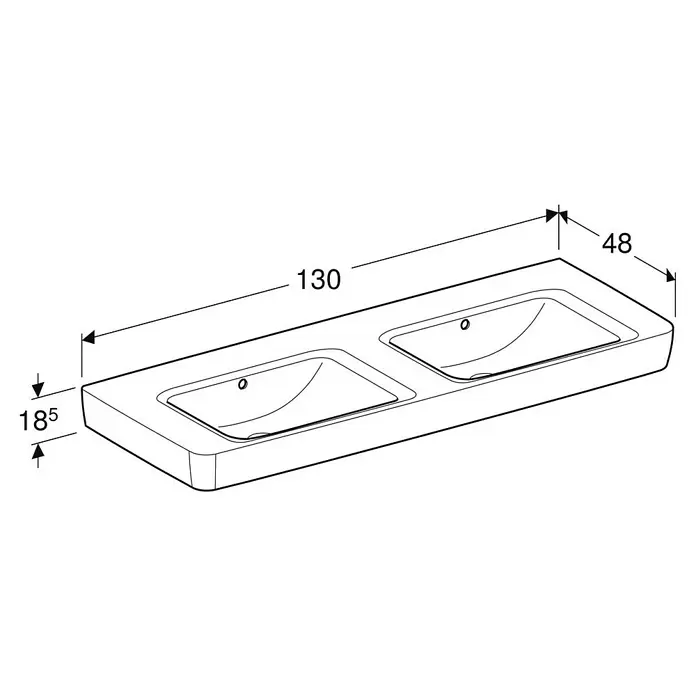 Geberit Renova Plan Doppelwaschtisch - 130 x 48 cm, Ohne Spezialglasur, Ohne Hahnloch/Mit Überlauf, Weiß - Technische Zeichnung eines Doppelwaschbeckens mit zwei integrierten Becken, Maße: Länge 130, Tiefe 48, Höhe 185.