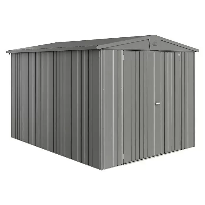 Biohort Europa Gerätehaus Europa Gr. 6 - Außenbreite inkl. Dachüberstand: 244 cm, Außentiefe inkl. Dachüberstand: 300 cm, Stahl, Quarzgrau - Graues Metallgerätehaus mit Einzeltür und Spitzdach, ideal zur Außenlagerung.
